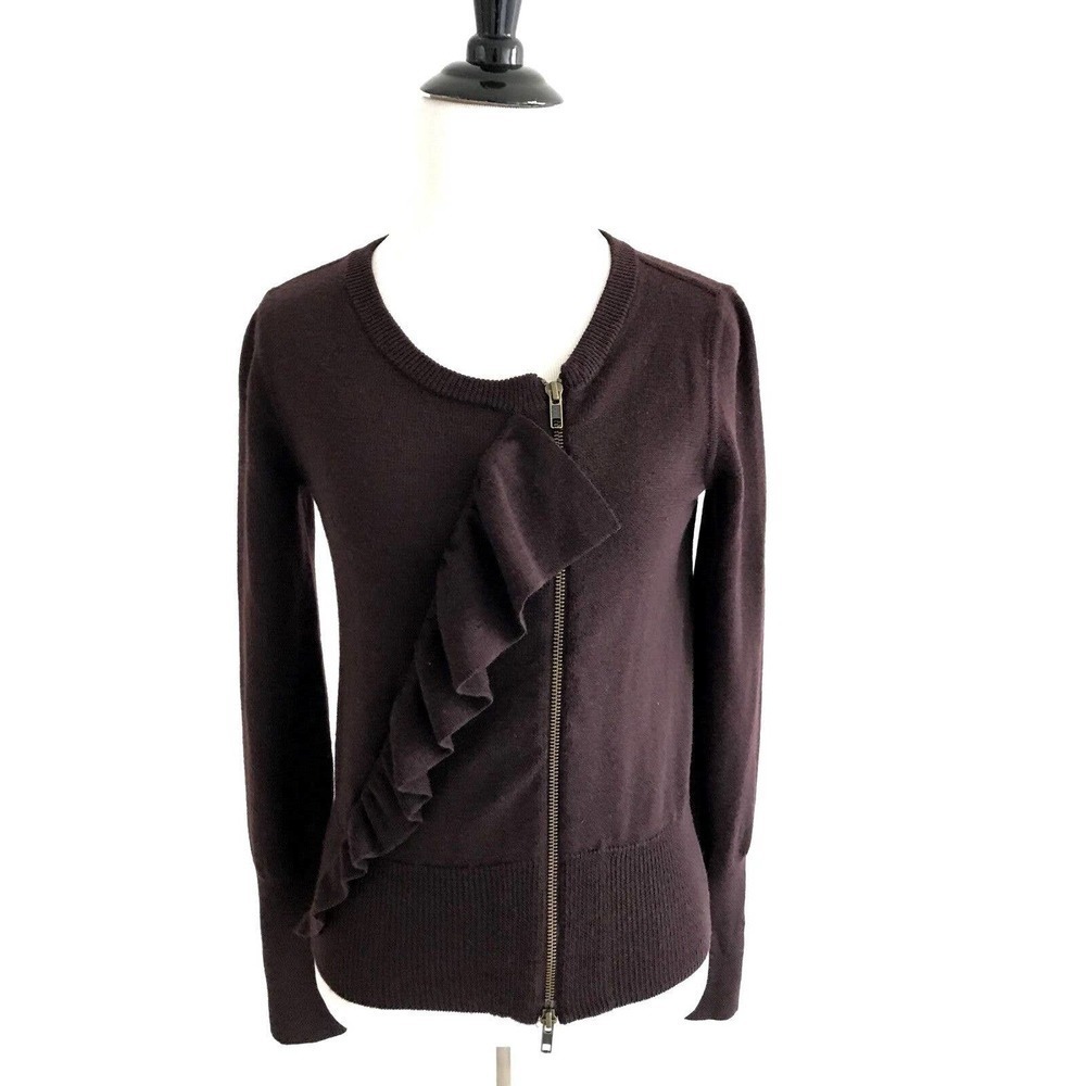 J Crew | Womens Size XS Brown Merino Ruffle Moto Sweater Zip Up Crewneck Stretch